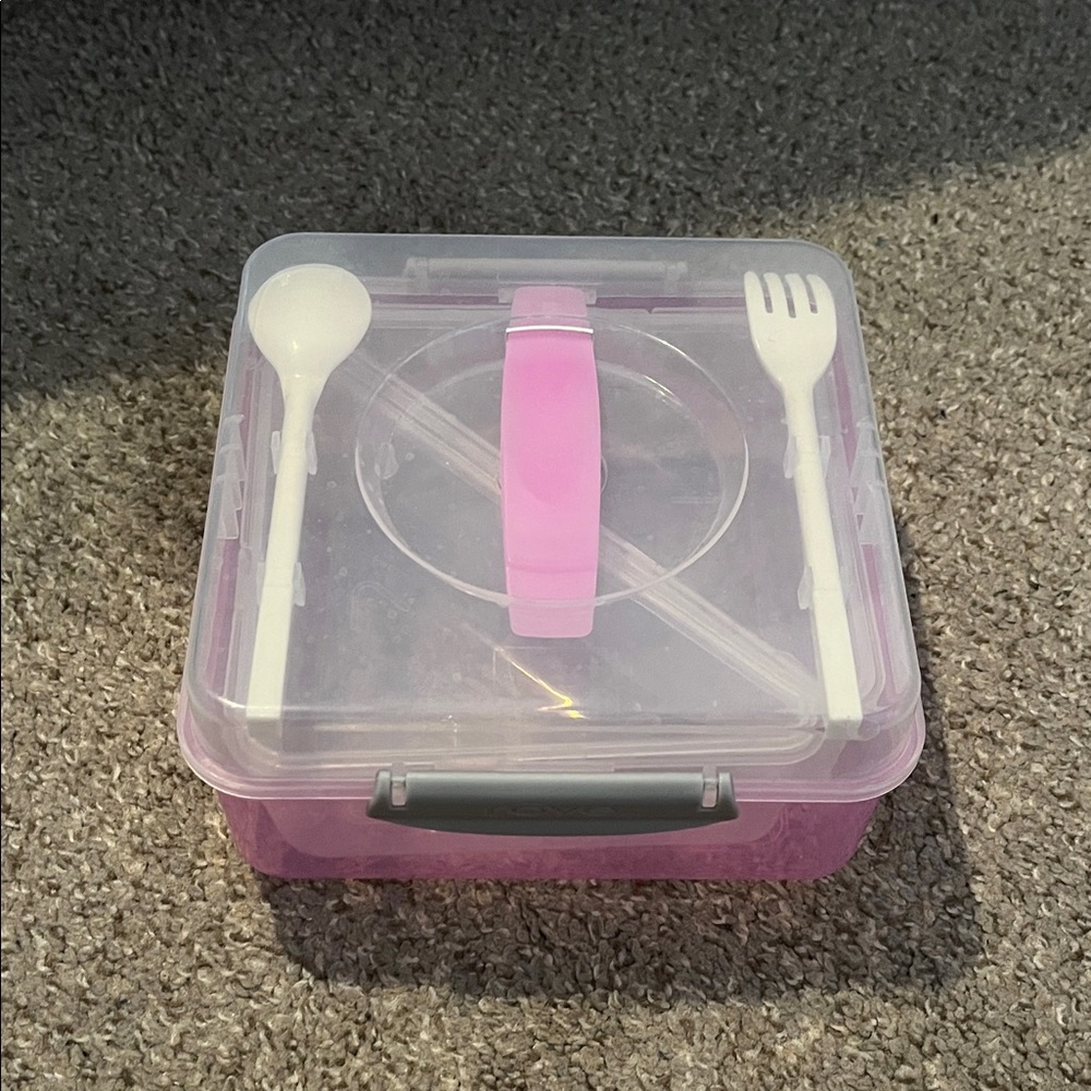 Pink and White Lunch Box with Utensils